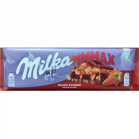 شکلات تخته ای میلکا مکس با مغز بادام درختی و کارامل (300گرم)
