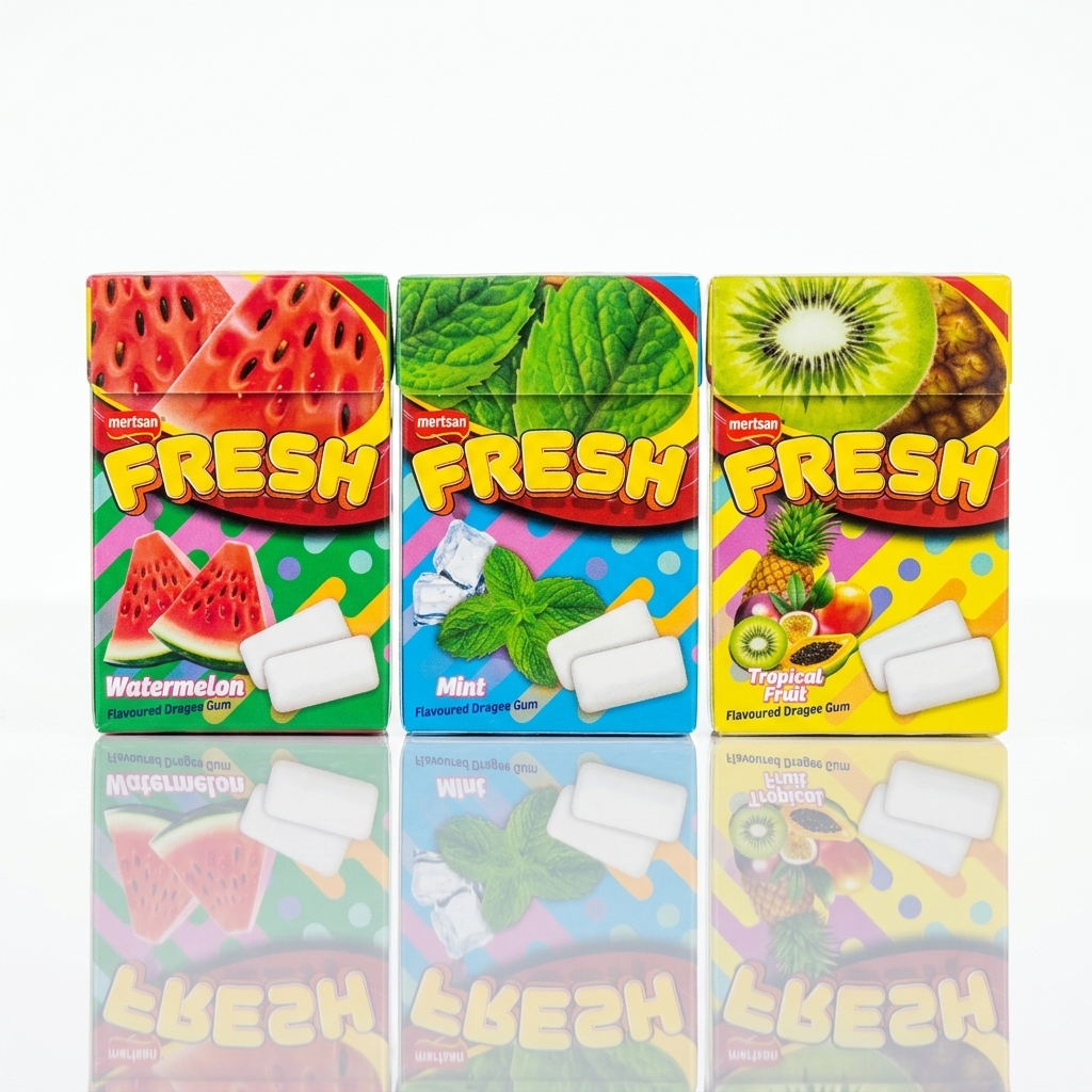 آدامس فرش اصل سه طعم میوه ای پاکتی 15 گرم Fresh بسته 12 عددی
